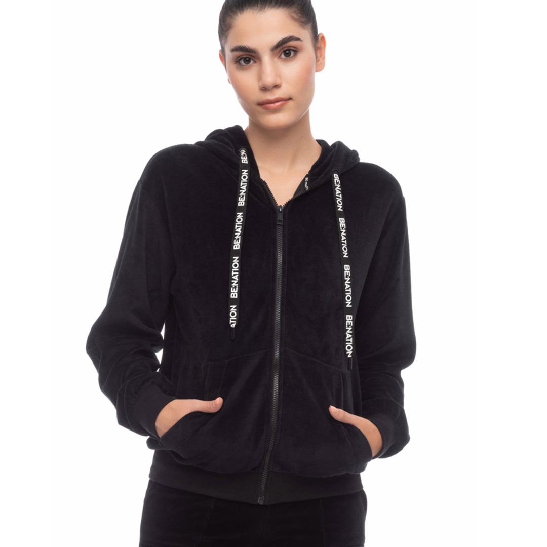 BE:NATION VELOUR FULL ZIP HOOD 07102303-01 Μαύρο