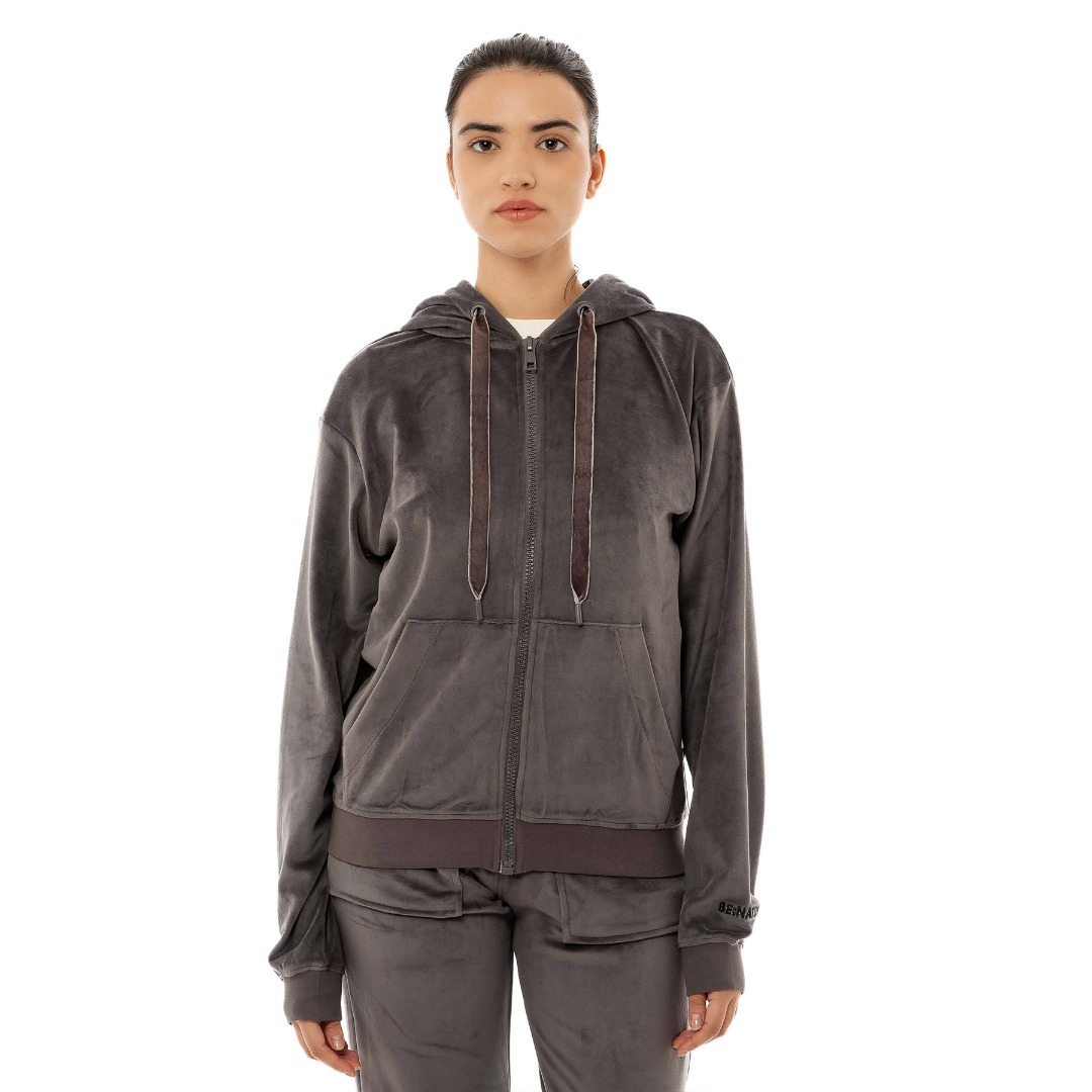 BE:NATION VELOUR FULL ZIP HOOD 07102303-3B Ανθρακί