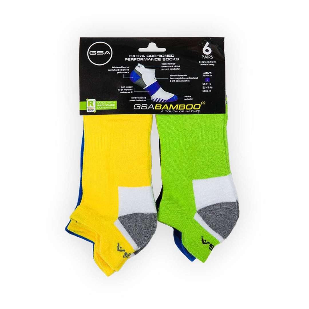 GSA BAMBOO MENS EXTRA CUSHIONED PERFORMANCE LOW CUT 6PACK 8119113-YELLOW-BLUE-GREEN 51 MULTI
